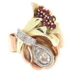Vintage 14K Yellow Gold Diamond Ruby Pavè Setting Cocktail Ring