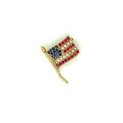 Vintage 14K Yellow Gold Diamond Ruby Sapphire USA Flag Lapel Pin.
