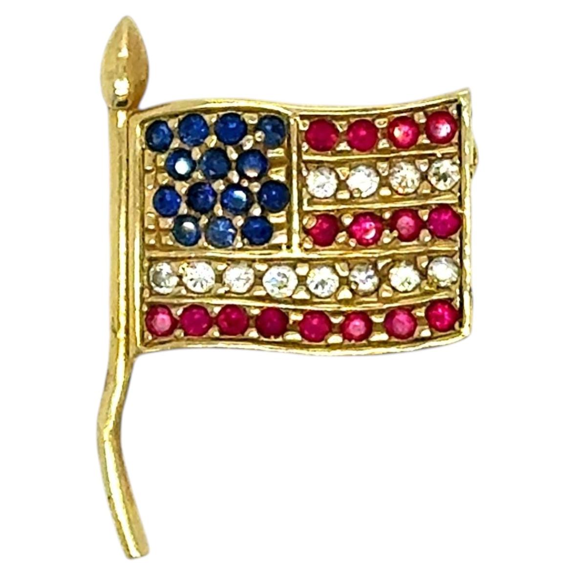 Vintage 14K Yellow Gold Diamond Ruby Sapphire USA Flag Lapel Pin.