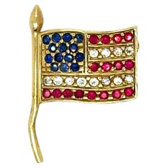 Vintage 14K Yellow Gold Diamond Ruby Sapphire USA Flag Lapel Pin.