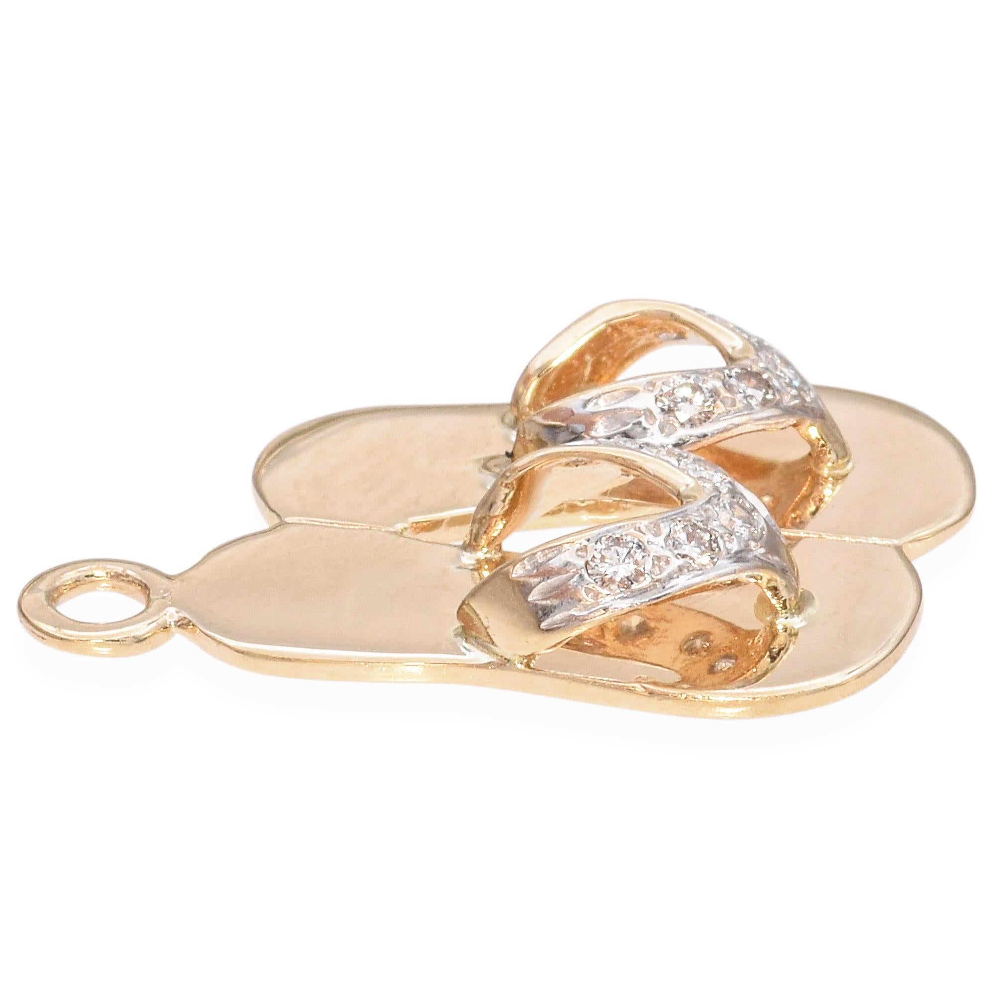 Women's Vintage 14k Yellow Gold Diamond Sandal Flip-Flop Charm For Sale