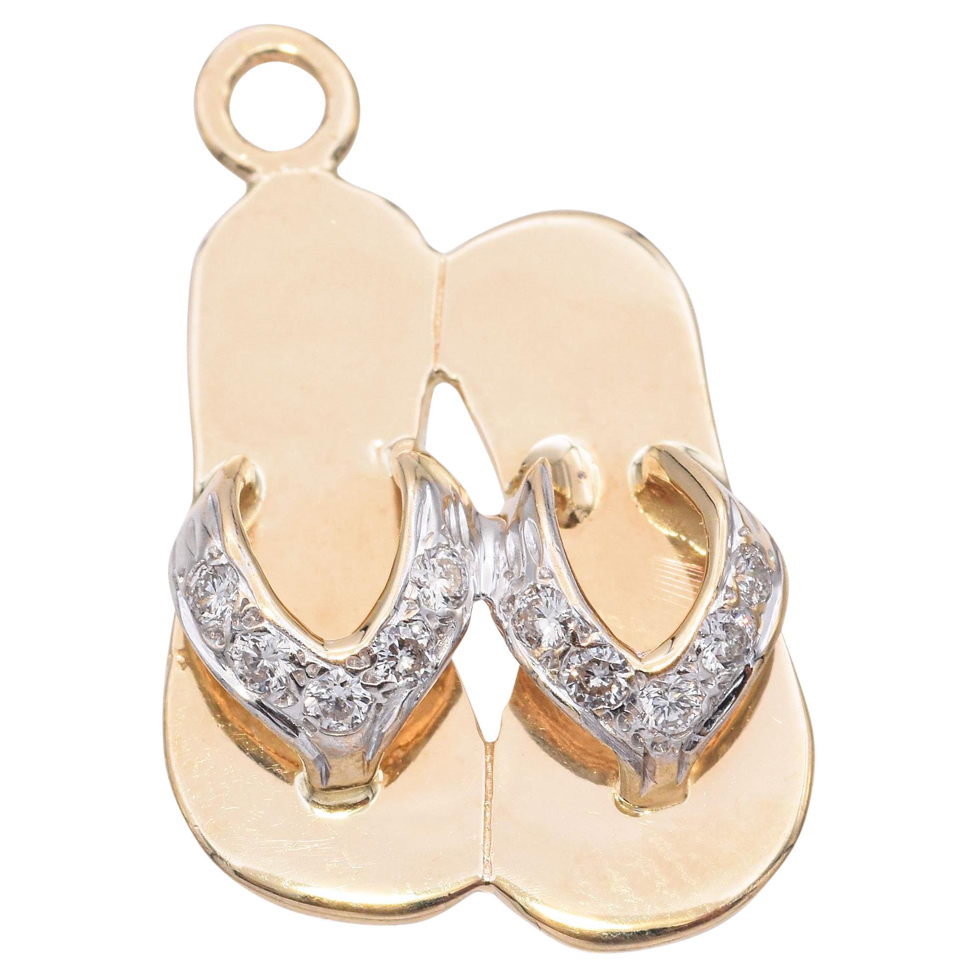 Vintage 14k Yellow Gold Diamond Sandal Flip-Flop Charm For Sale