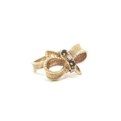 Vintage 14k Yellow Gold Diamond Sapphire Detailed Textured Ribbon Bow Band Ring