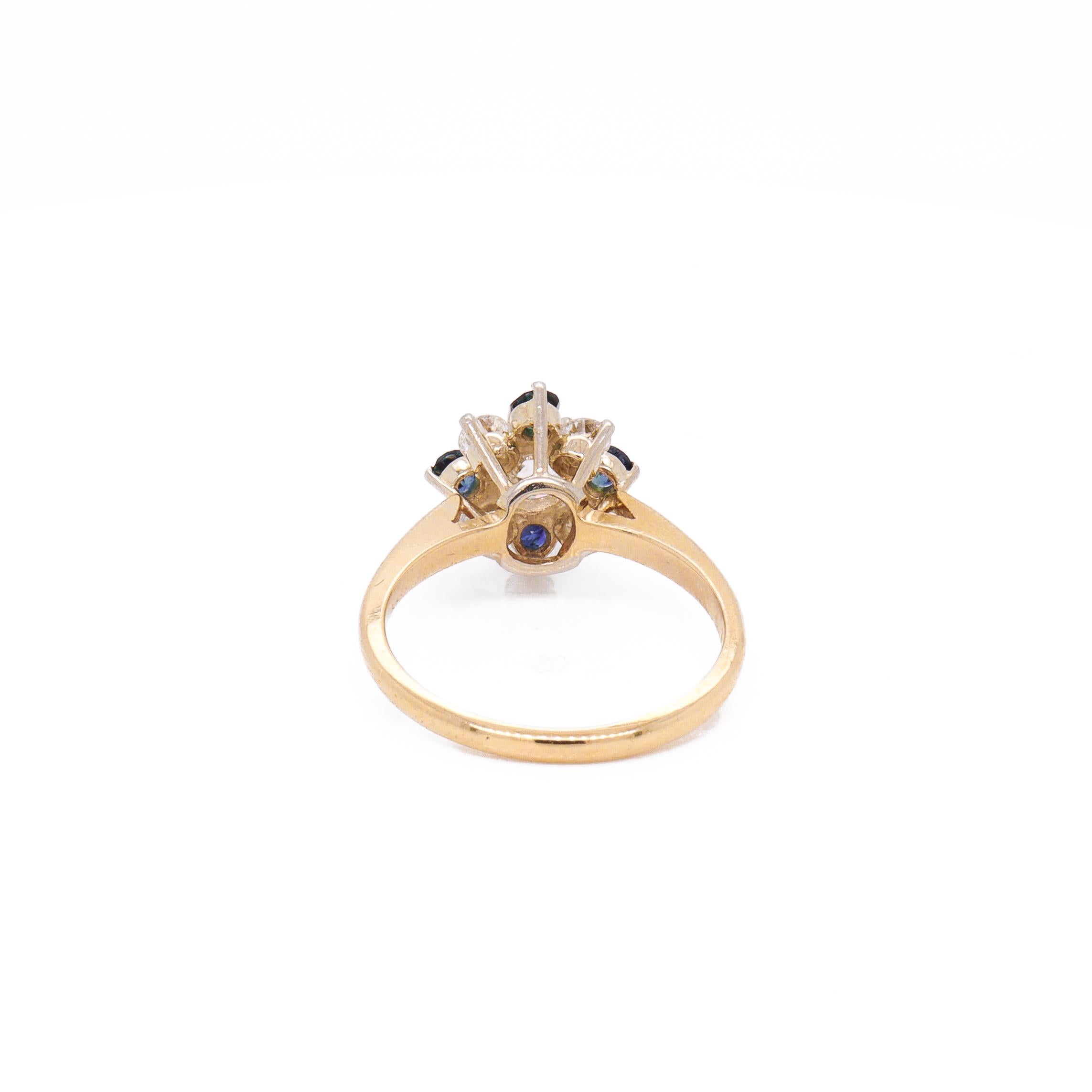 Women's Vintage 14K Yellow Gold, Diamond, & Sapphire Flower or Snowflake Cocktail Ring For Sale