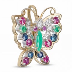 Vintage 14k Yellow Gold Diamond Sapphire Ruby and Emerald Butterfly Pendant
