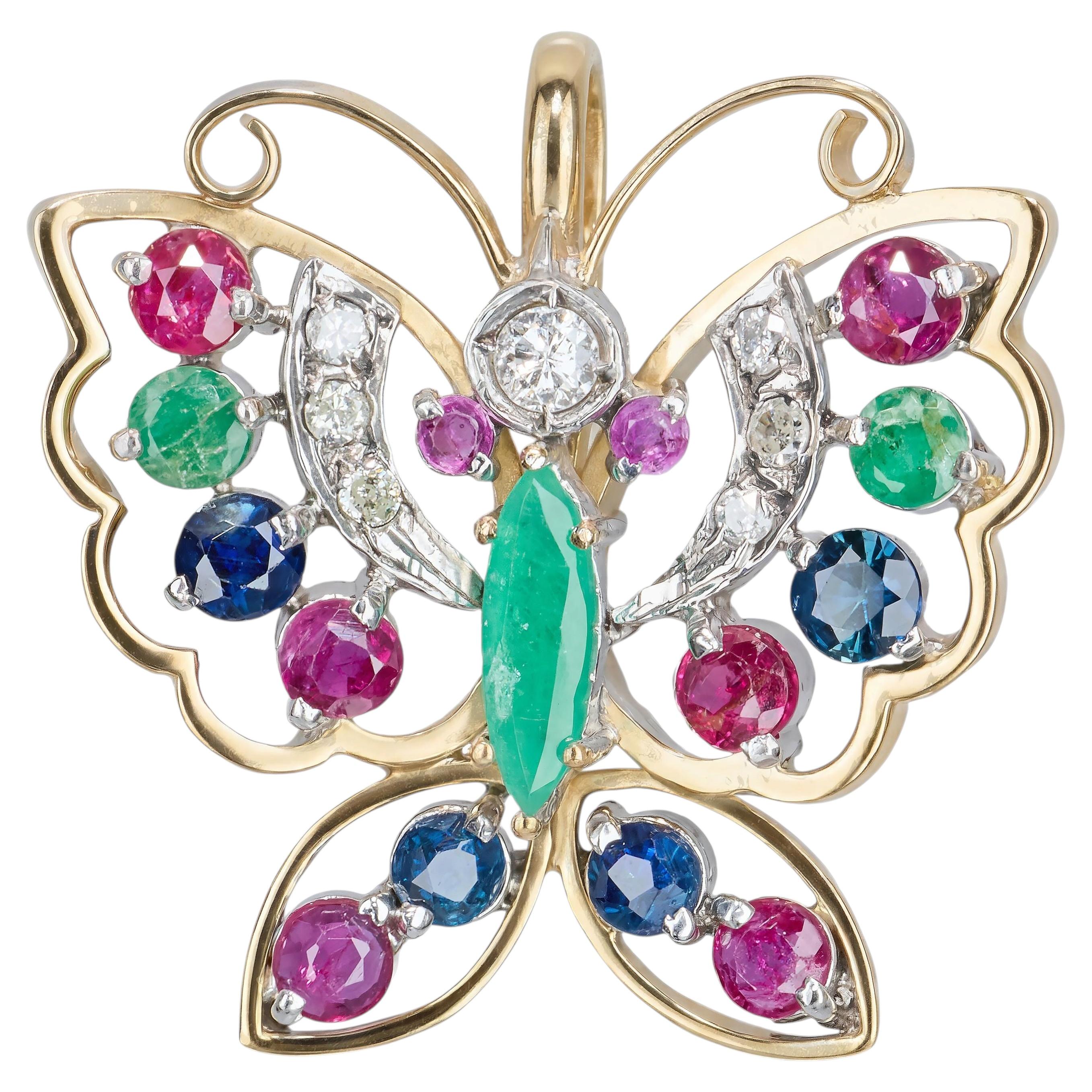 Vintage 14k Yellow Gold Diamond Sapphire Ruby and Emerald Butterfly Pendant