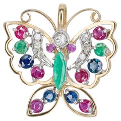 Vintage 14k Yellow Gold Diamond Sapphire Ruby and Emerald Butterfly Pendant