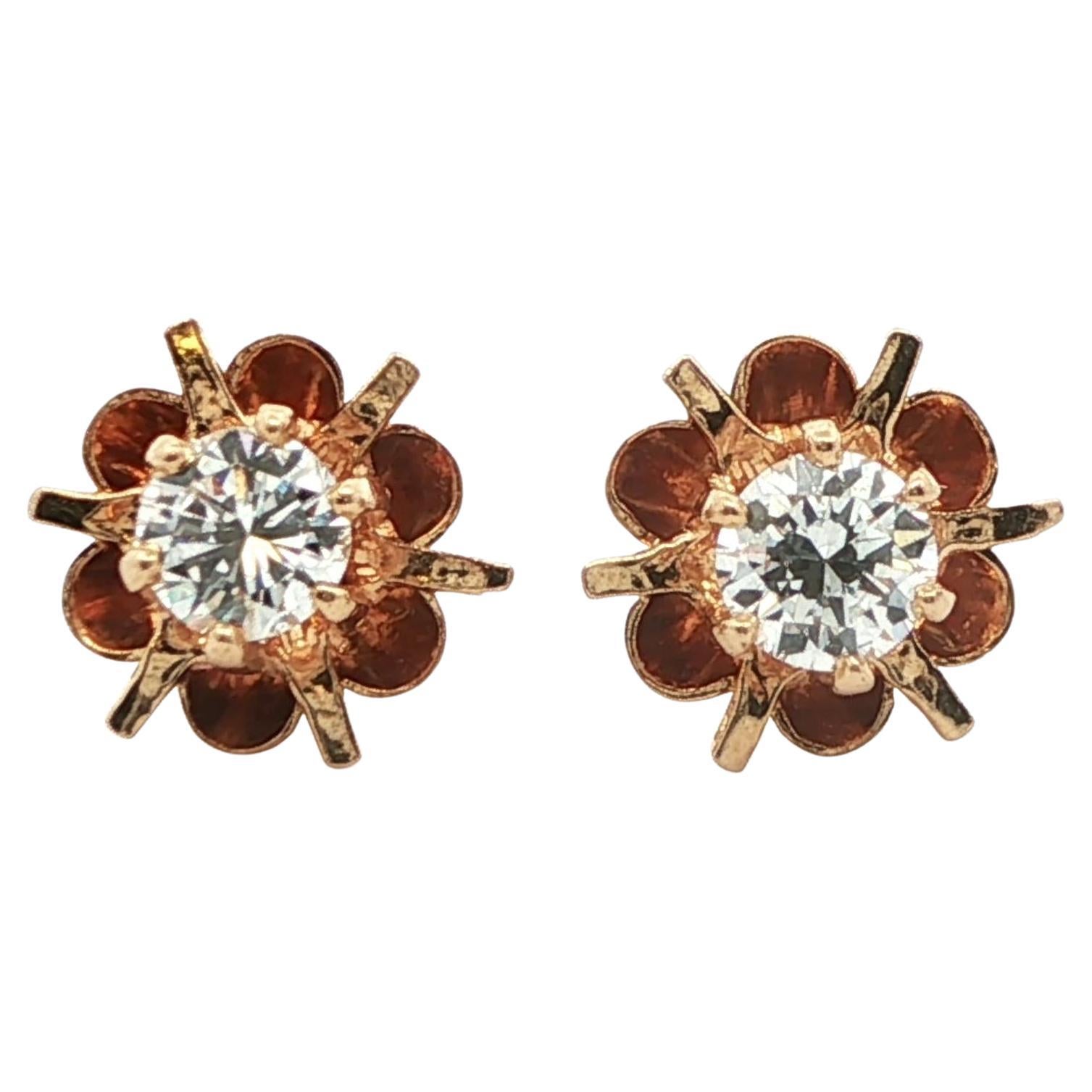 Vintage 14k Yellow Gold Diamond Stud Earrings Ca. 1980s For Sale