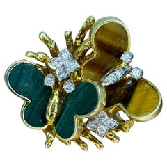 Vintage 14k Yellow Gold Diamond Tiger's Eye Malachite Butterfly Cocktail Ring