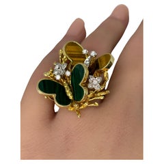 Vintage 14k Yellow Gold Diamond Tiger's Eye Malachite Butterfly Cocktail Ring