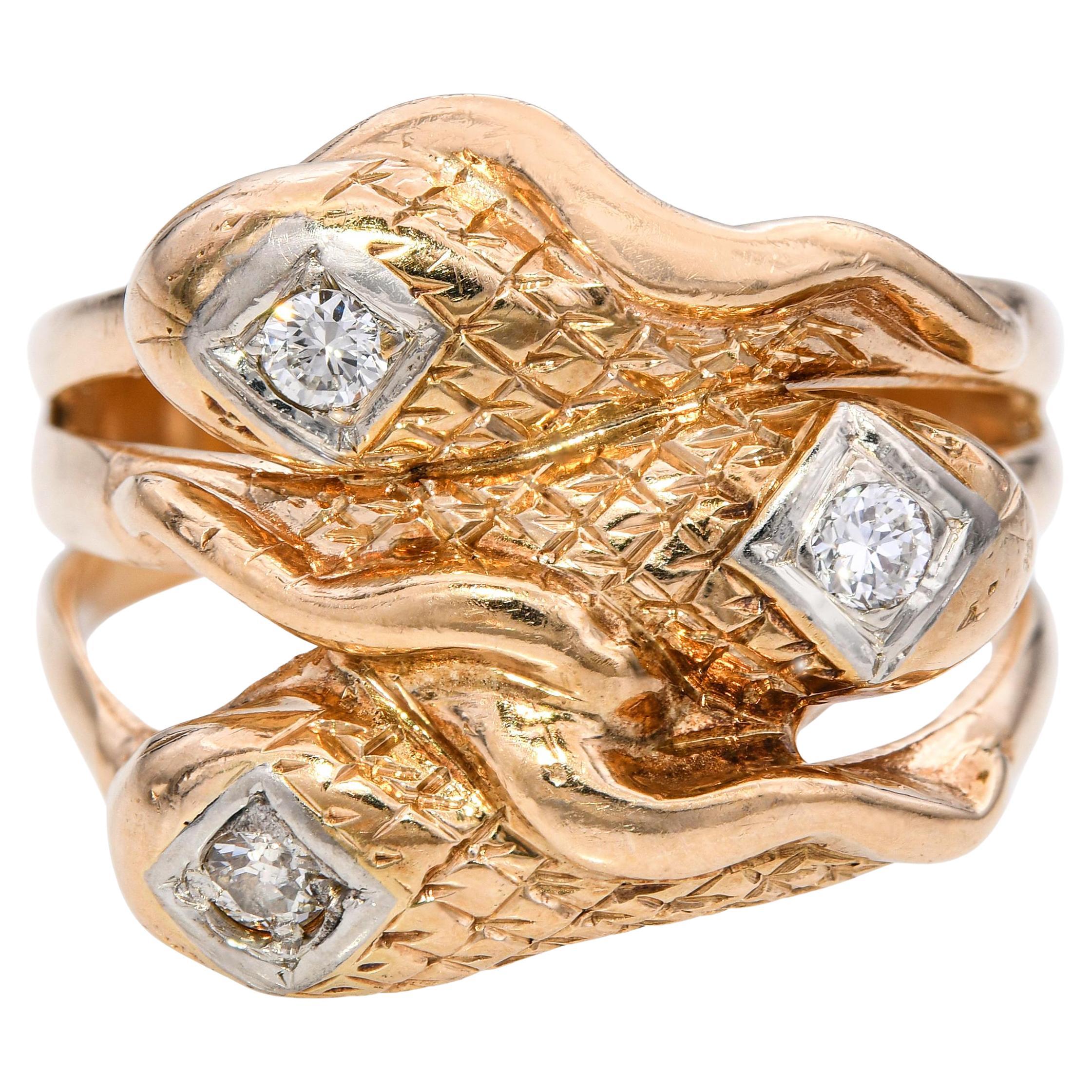 Bague vintage en or jaune 14k à trois serpents et diamants