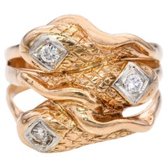Bague vintage en or jaune 14k à trois serpents et diamants