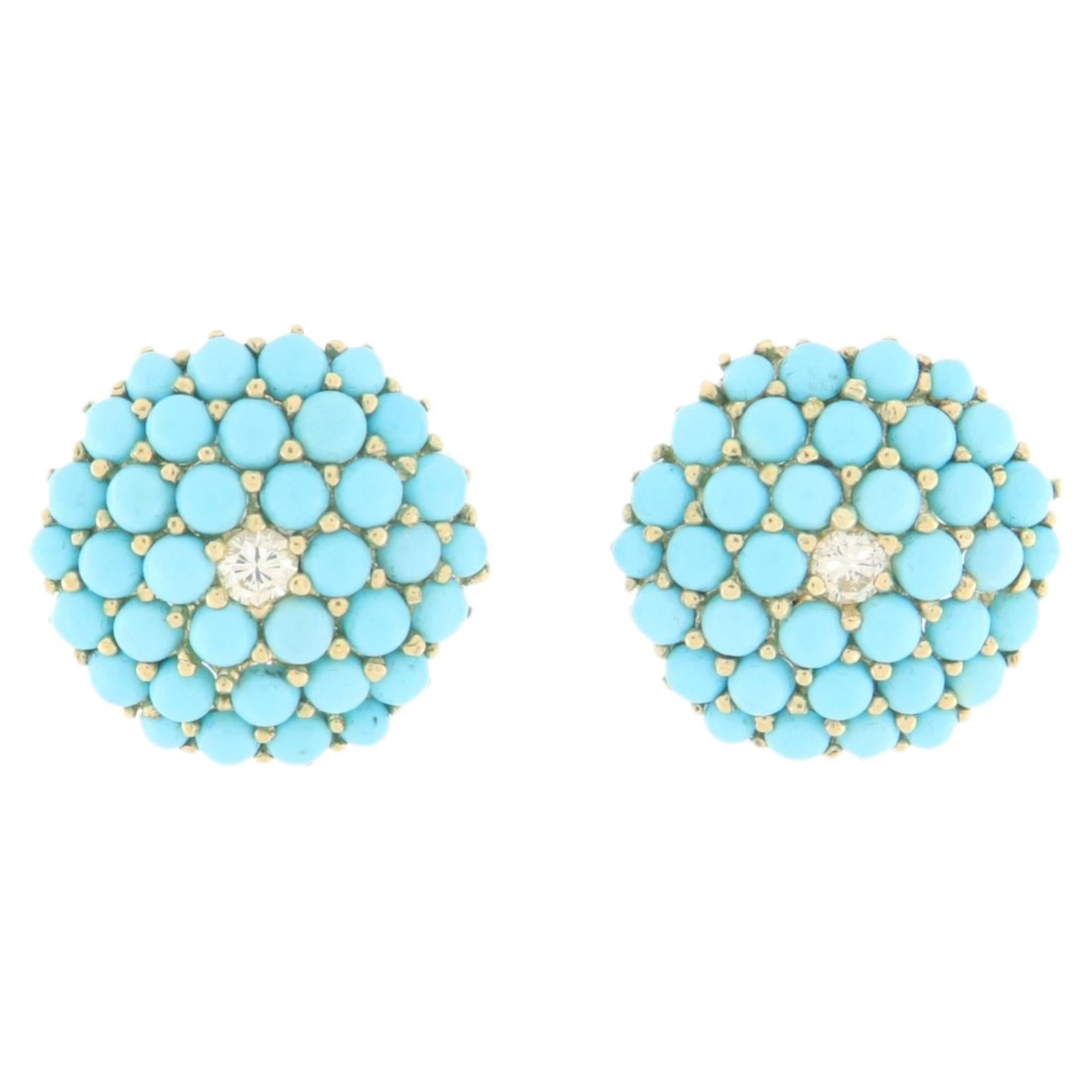 Vintage 14K Yellow Gold Diamond Turquoise Grain Setting Stud Earring