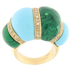 Anello da cocktail vintage in oro giallo 14 carati con diamanti, turchese e malachite, con montatura a grana