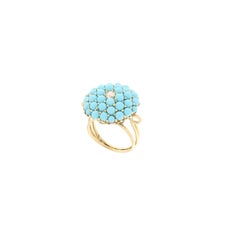 Anillo de cóctel vintage de oro amarillo de 14K con pavé de diamantes y turquesas