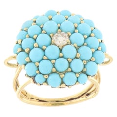 Vintage 14K Yellow Gold Diamond Turquoise Pavè Setting Cocktail Ring