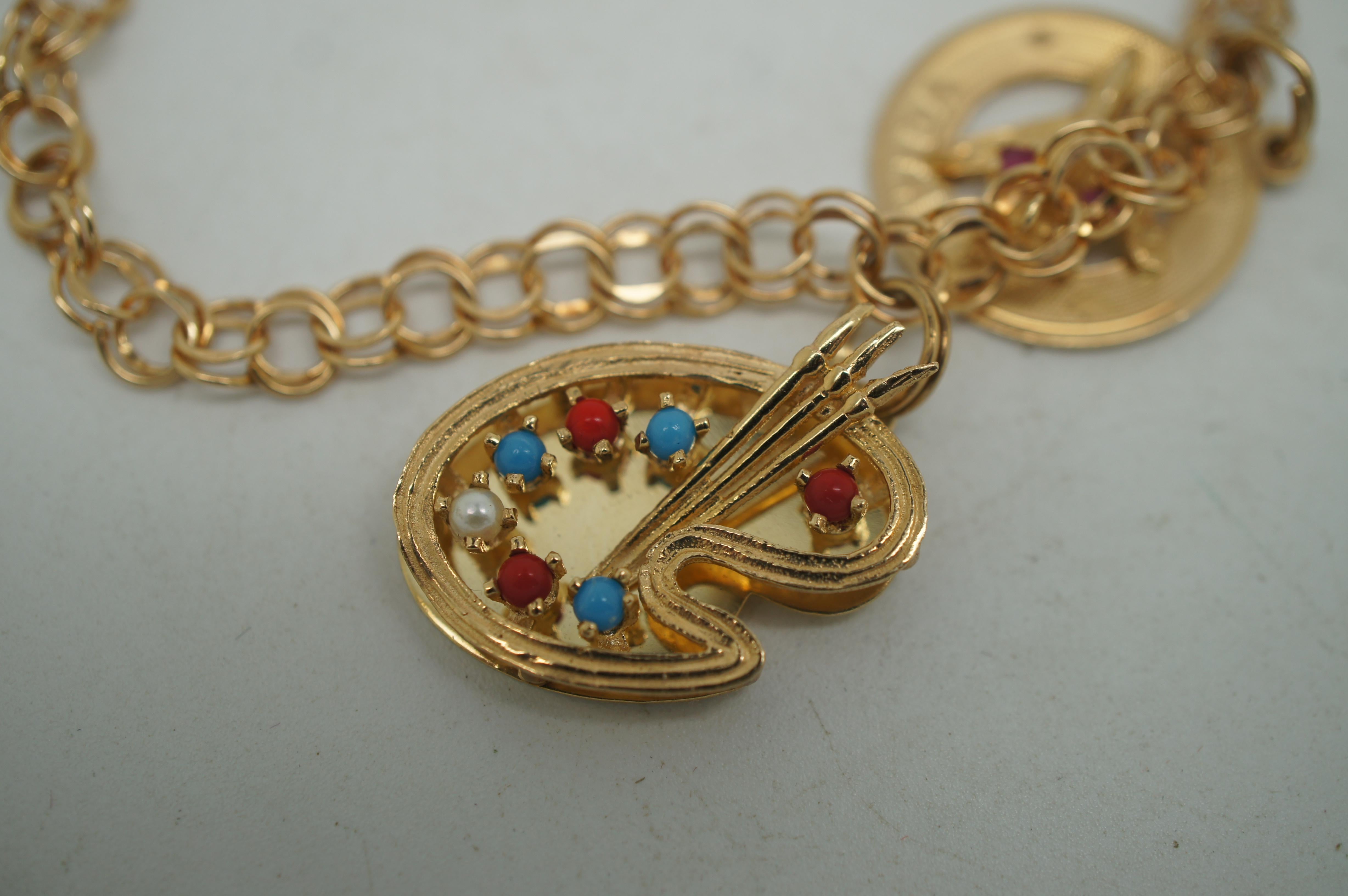 Modern Vintage 14K Yellow Gold Double Link 3 Charm Bracelet Ruby Sapphire 16g For Sale