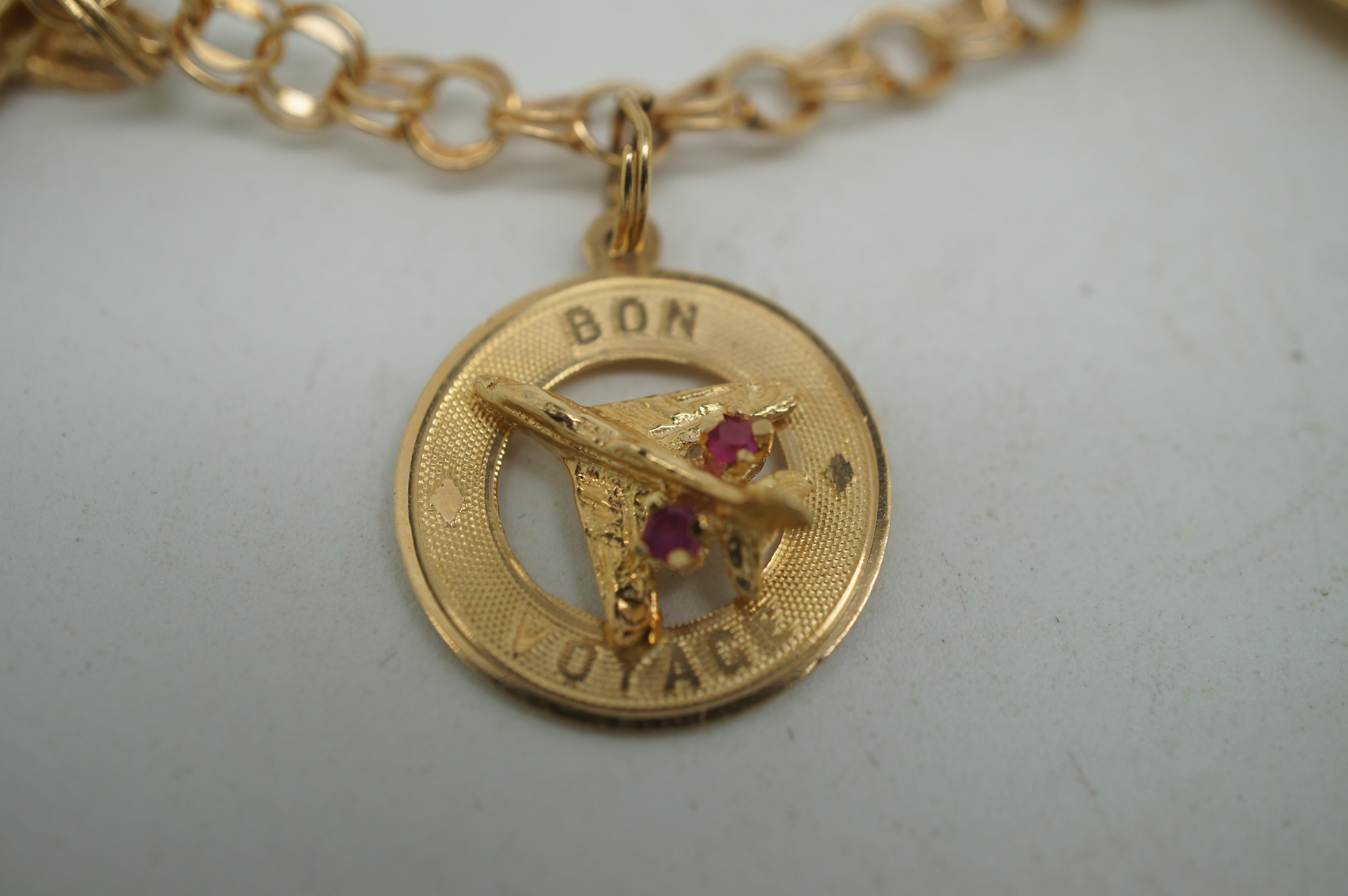 20th Century Vintage 14K Yellow Gold Double Link 3 Charm Bracelet Ruby Sapphire 16g For Sale