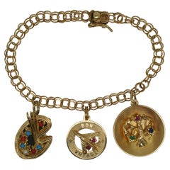 Vintage 14K Yellow Gold Double Link 3 Charm Bracelet Ruby Sapphire 16g