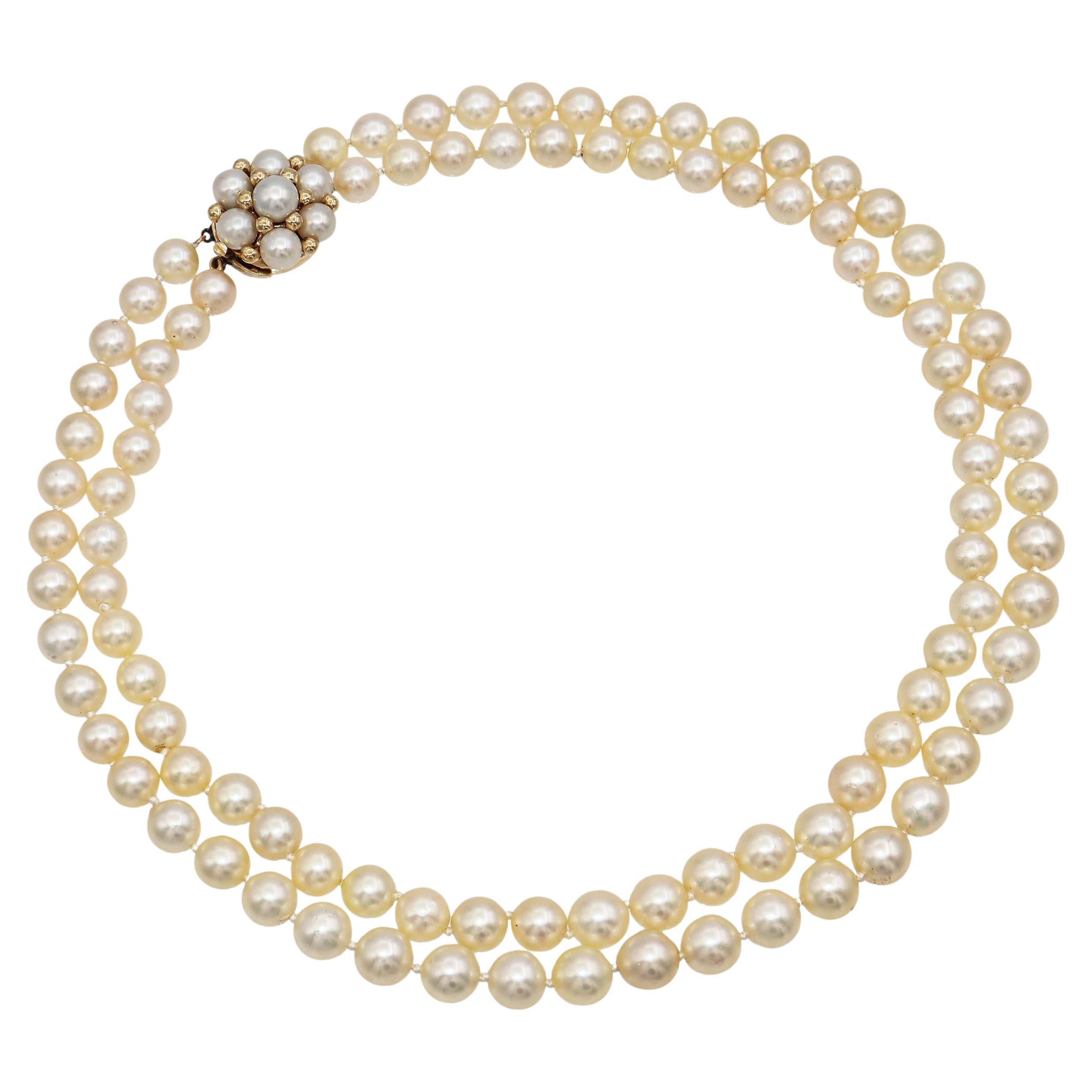 Vintage 14k Yellow Gold Double Pearl Strand Necklace