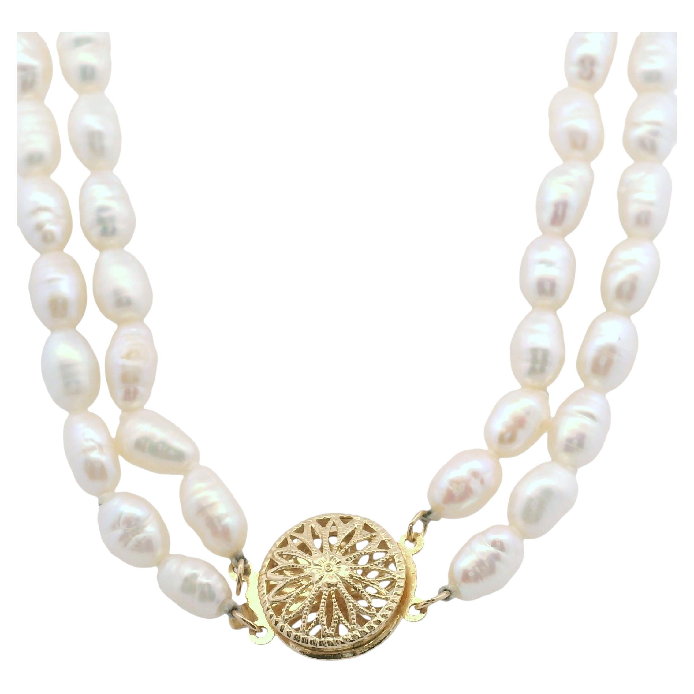 Vintage 14K Yellow Gold Double Strand Freshwater Semi-Baroque Pearl Necklace