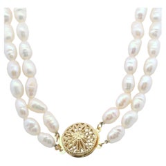 Vintage 14K Yellow Gold Double Strand Freshwater Semi-Baroque Pearl Necklace