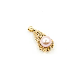 Vintage 14k Yellow Gold Drop Pendant with 8mm Pink Pearl & Diamond Accents