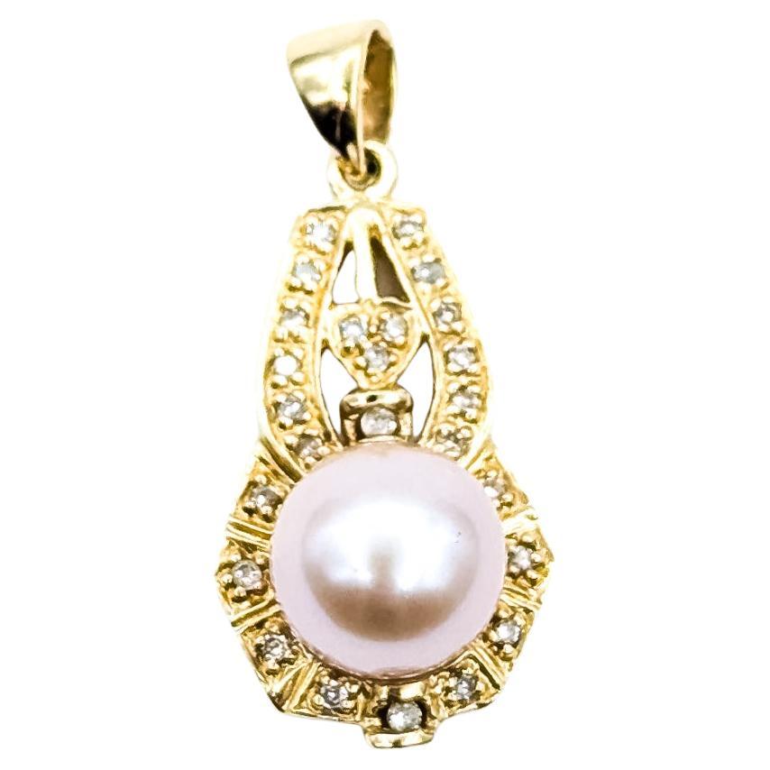 Pendentif vintage en or jaune 14k avec perle rose de 8mm et accents de diamant