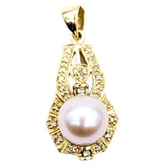 Pendentif vintage en or jaune 14k avec perle rose de 8mm et accents de diamant