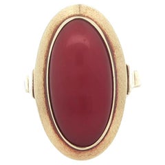 Vintage 14k Yellow Gold Elongated Oval Cabochon Bezel Red Coral Solitaire Ring