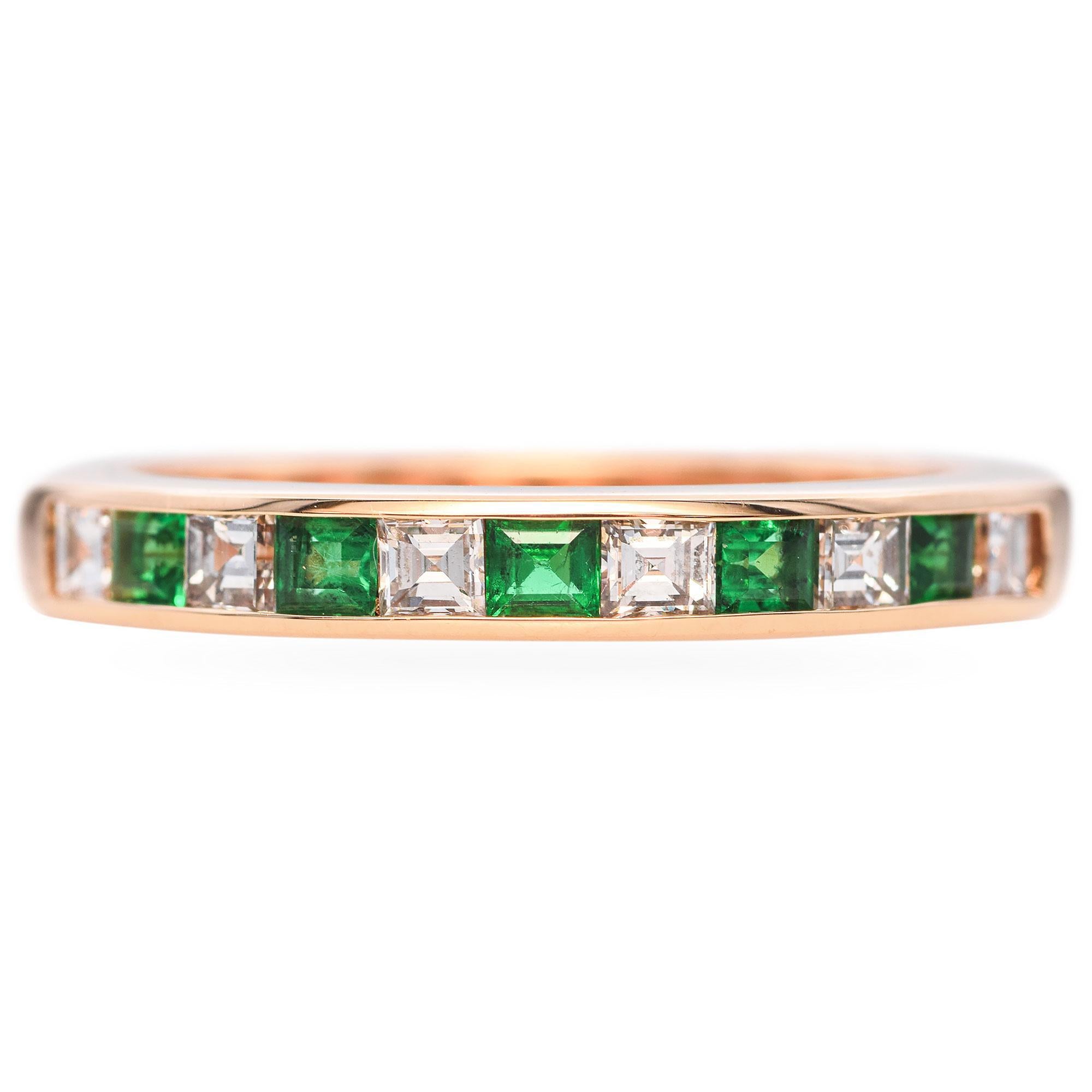 Vintage 14k Yellow Gold Emerald and Diamond Channel Set Band Ring