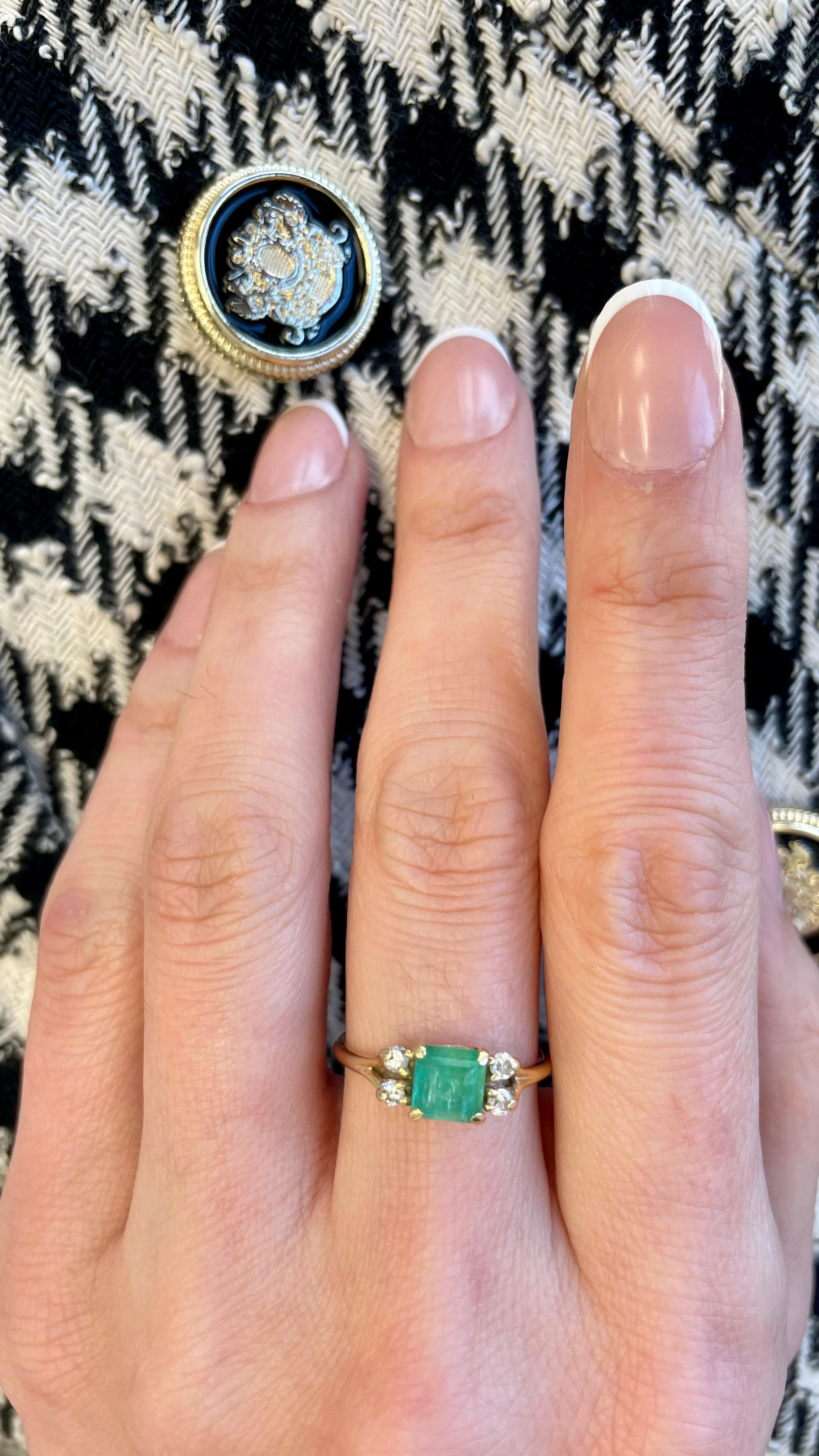 Vintage 14k Yellow Gold Emerald and Diamond Engagement Ring For Sale 2