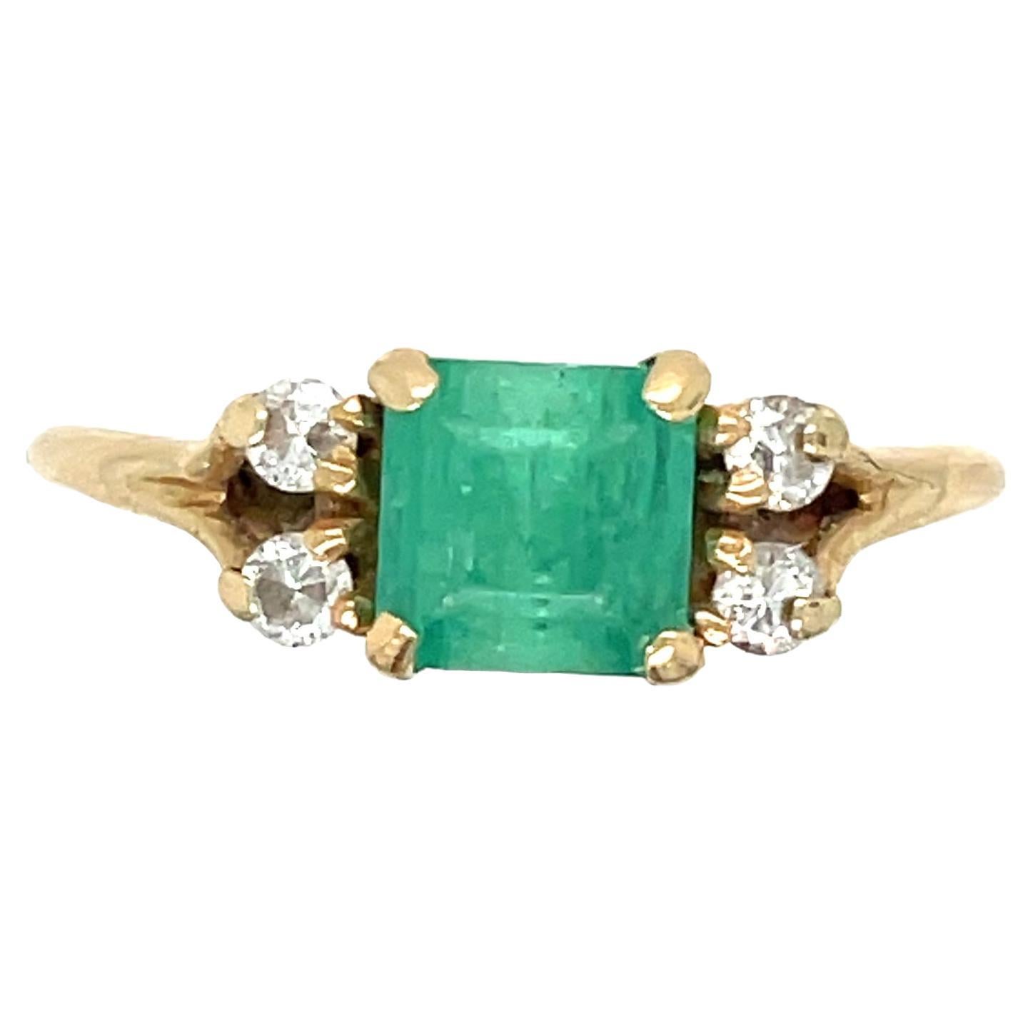 Vintage 14k Yellow Gold Emerald and Diamond Engagement Ring For Sale