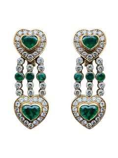 Vintage 14K Yellow Gold Emerald and Diamond Heart Drop Earrings