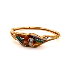 Vintage 14K Yellow Gold Emerald and Diamond Leaf Design Bangle