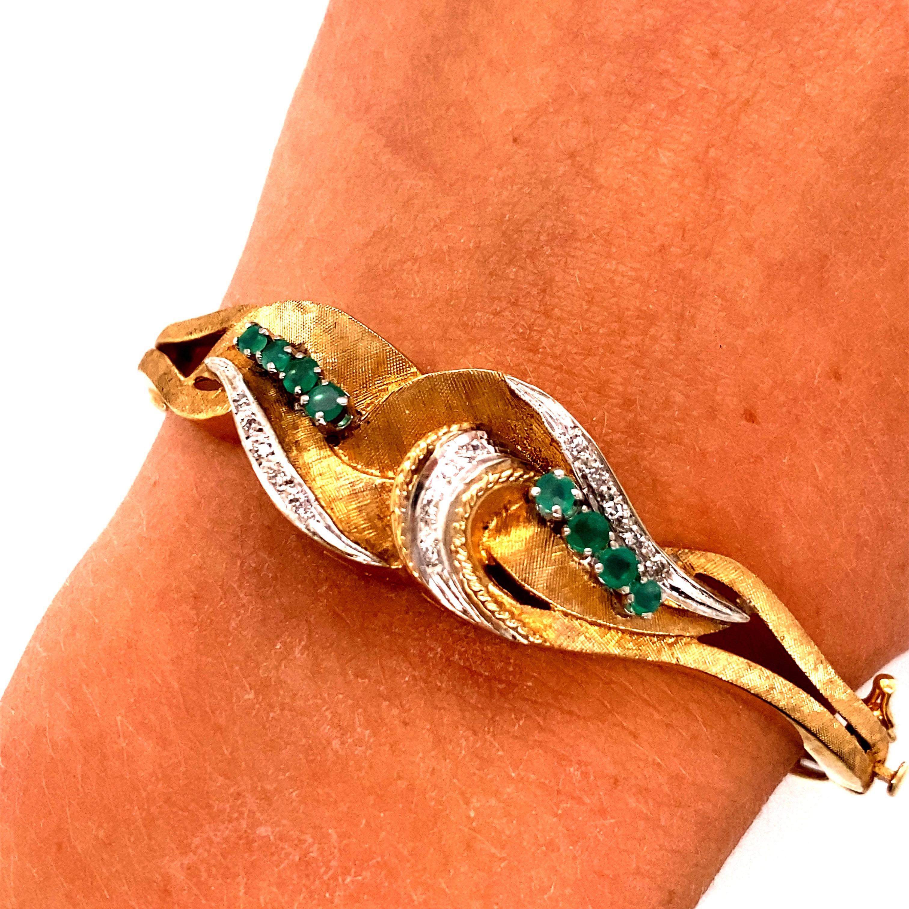 Women's Vintage 14K Yellow Gold Emerald and Diamond Leaf Design Bangle For Sale