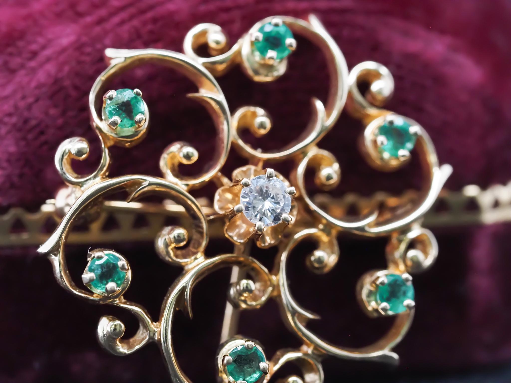 Vintage 14K Yellow Gold Emerald and Diamond Pendant and Brooch 1