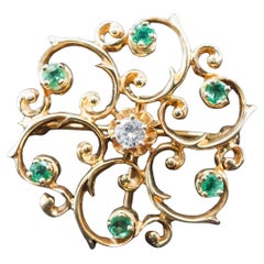 Vintage 14K Yellow Gold Emerald and Diamond Pendant and Brooch