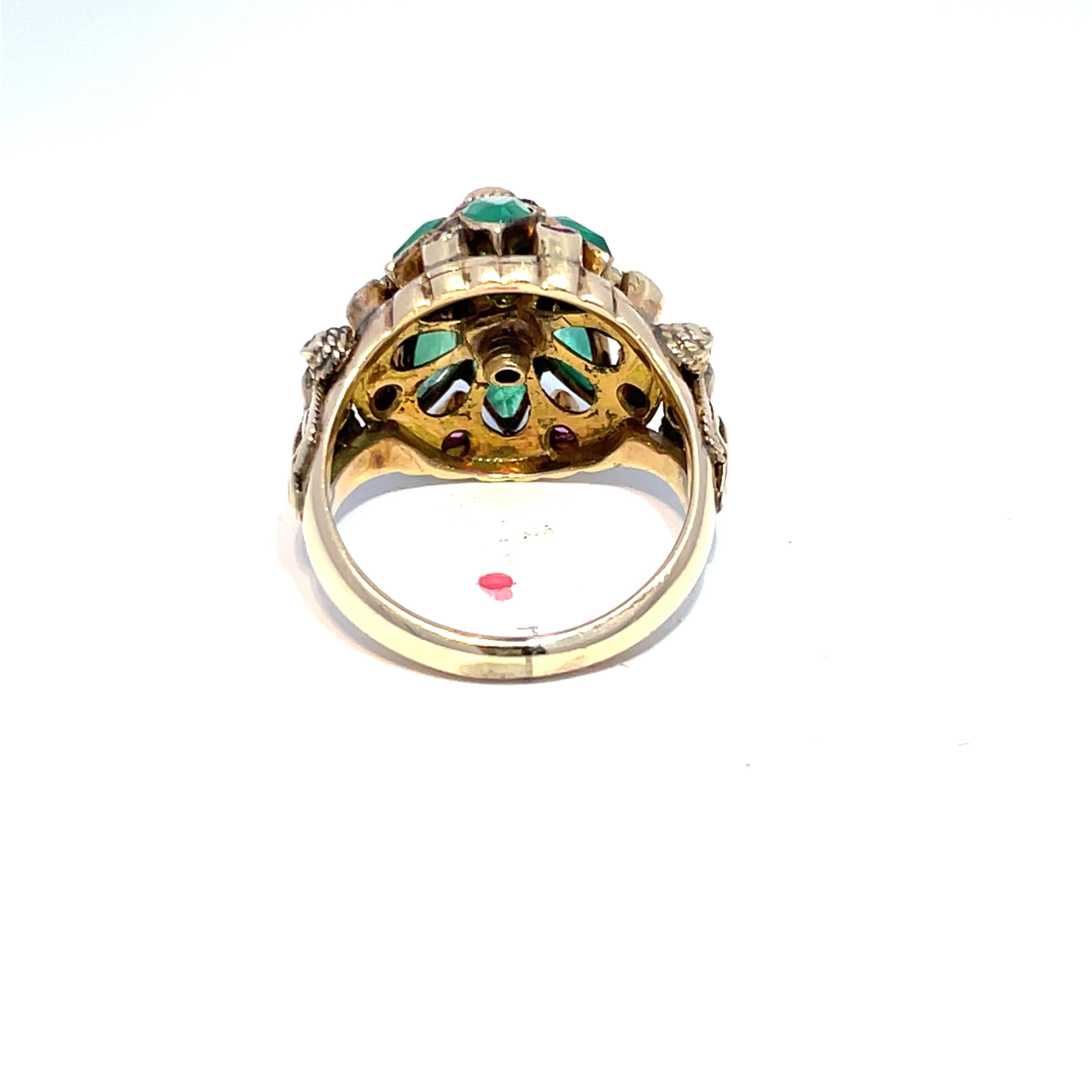Taglio misto Anello Harem d'epoca in oro giallo 14k con smeraldo e zaffiro rosa in vendita