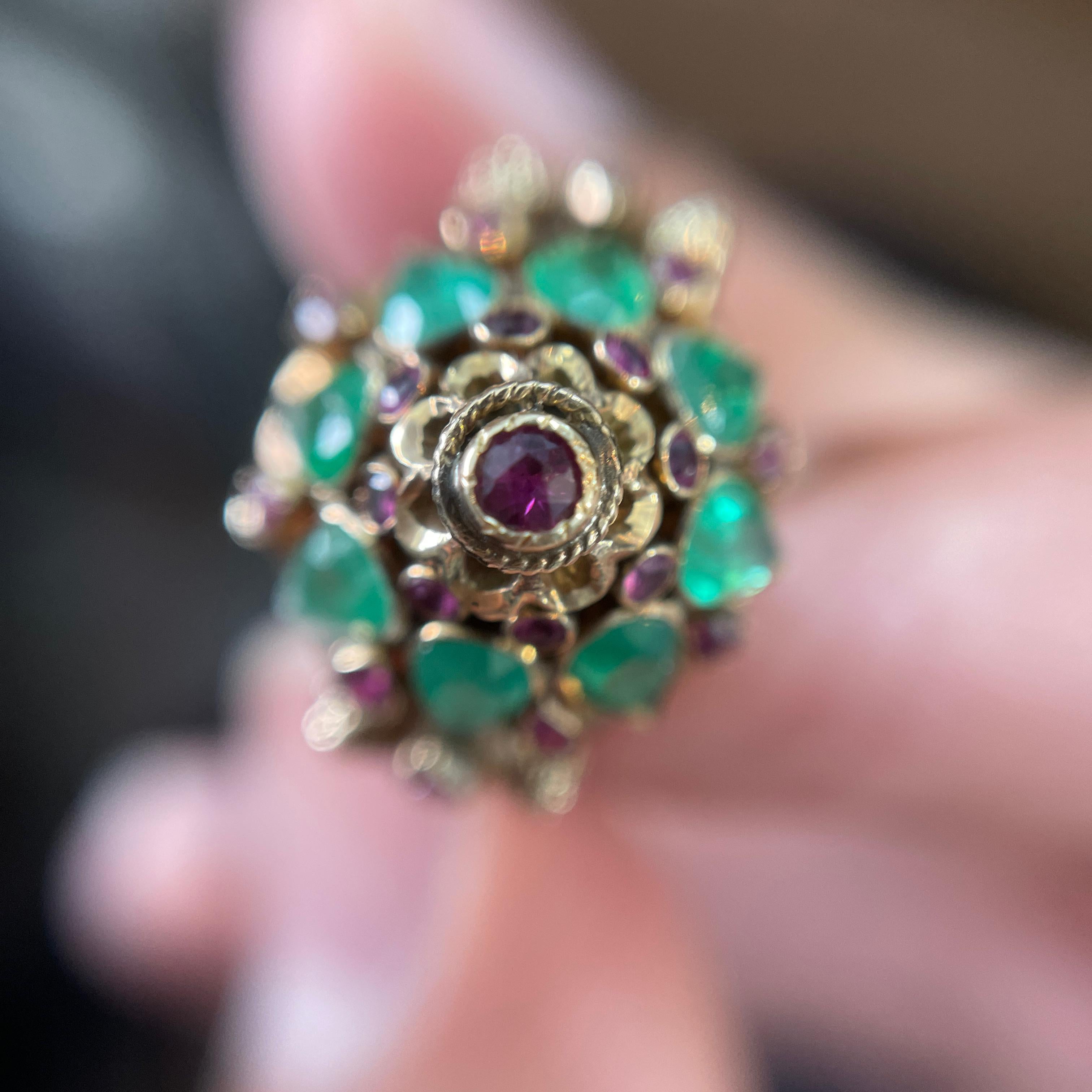 Anello Harem d'epoca in oro giallo 14k con smeraldo e zaffiro rosa in vendita 1