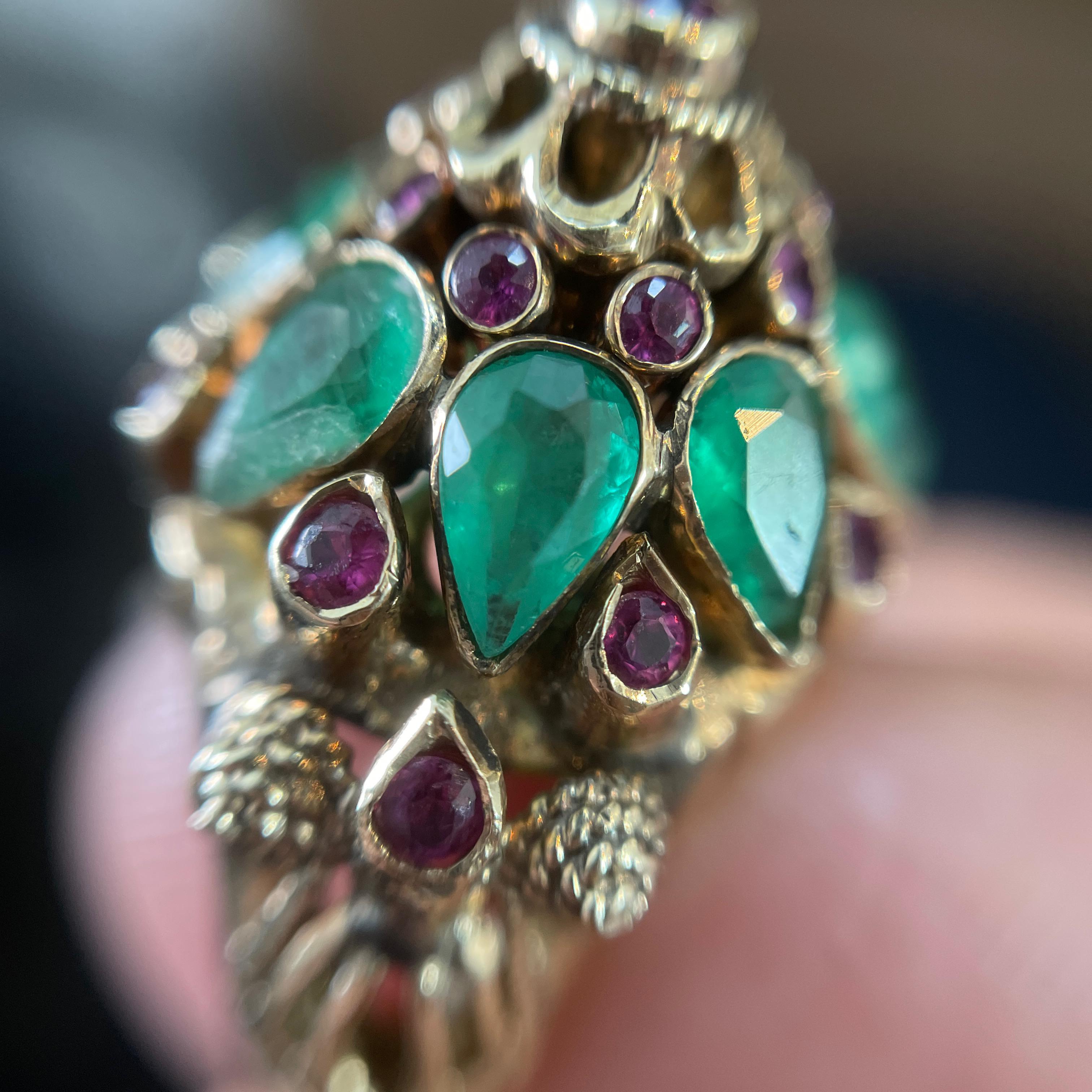 Anello Harem d'epoca in oro giallo 14k con smeraldo e zaffiro rosa in vendita 2