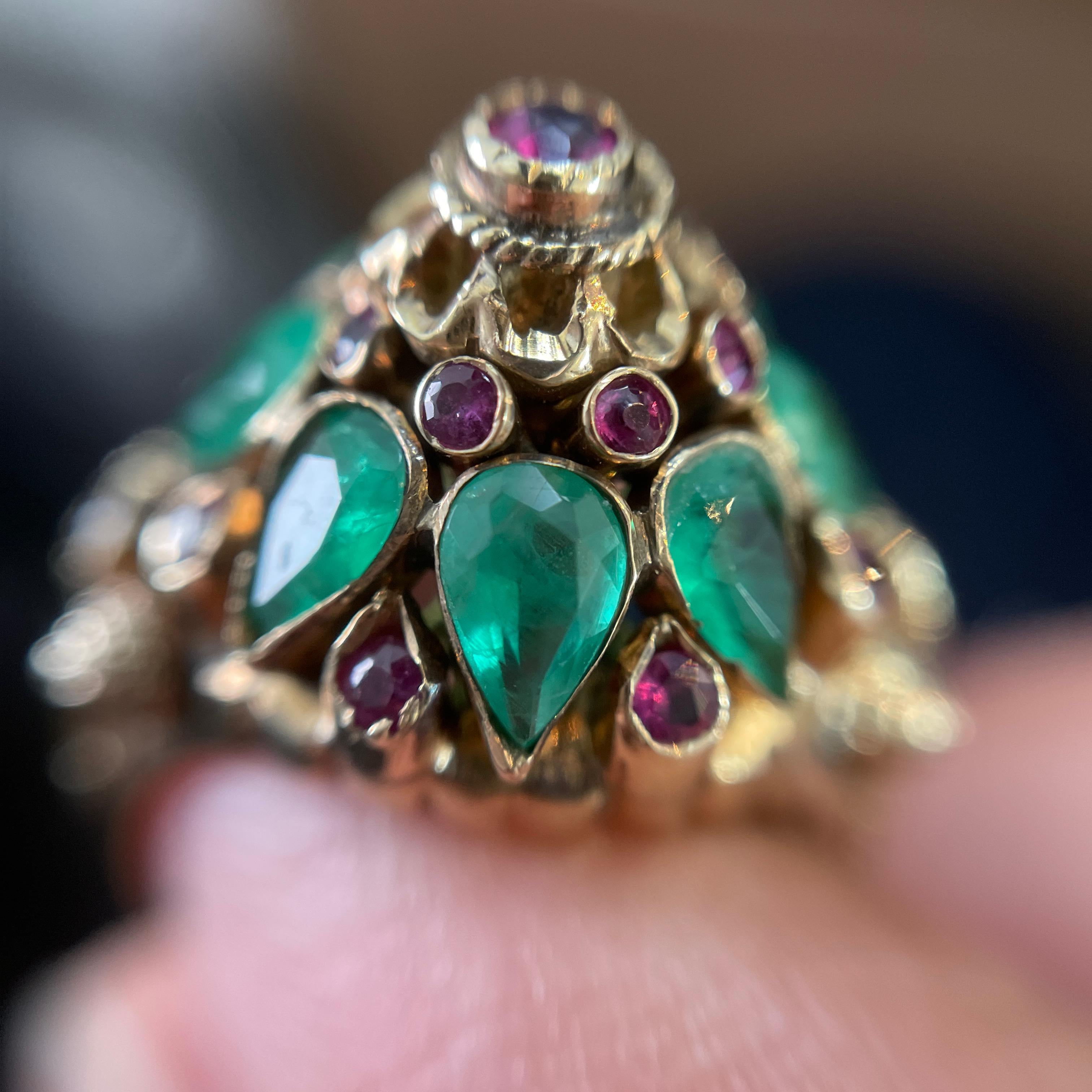Anello Harem d'epoca in oro giallo 14k con smeraldo e zaffiro rosa in vendita 3