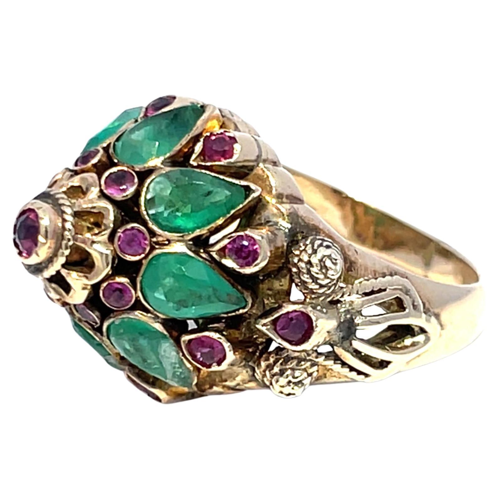 Anello Harem d'epoca in oro giallo 14k con smeraldo e zaffiro rosa in vendita