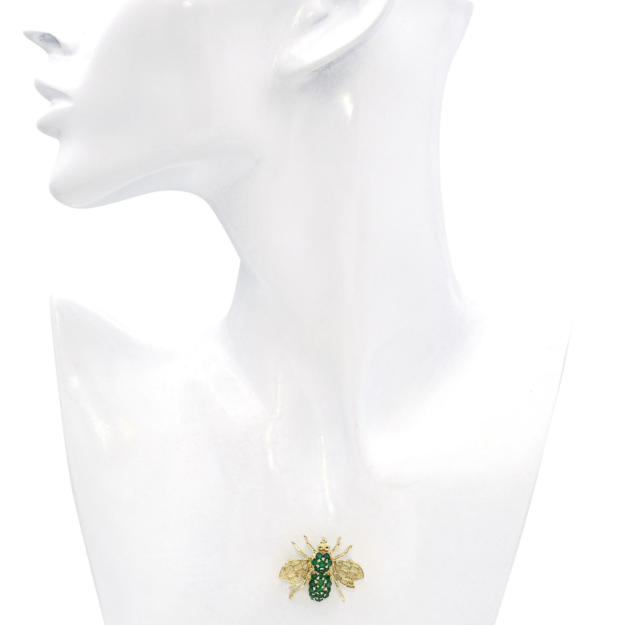 Vintage 14k Gelbgold Emerald Bumblebee Brosche (Rundschliff) im Angebot