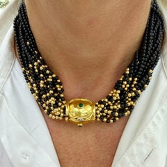 Vintage 14K Yellow Gold Emerald Diamond Multi Strand Onyx Bead Pendant Necklace