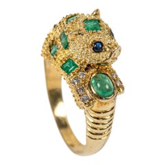 Vintage 14k Yellow Gold Emerald & Diamond Panther Motif Cocktail Ring