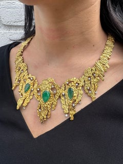 Vintage 14K Yellow Gold Emerald & Diamond Statement Necklace