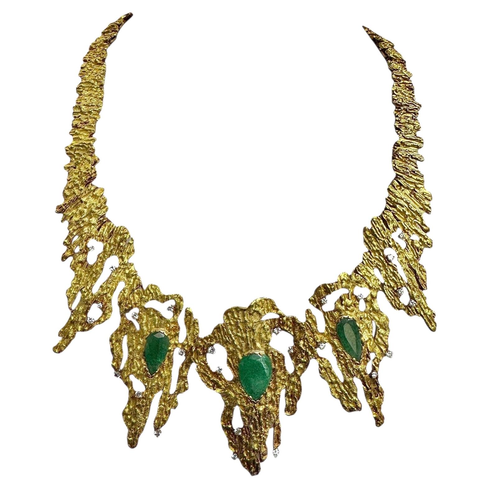 Vintage 14K Gelbgold Smaragd & Diamant Aussage Halskette im Angebot