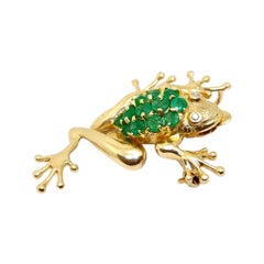 Vintage 14K Yellow Gold Emerald Frog Pendant Brooch