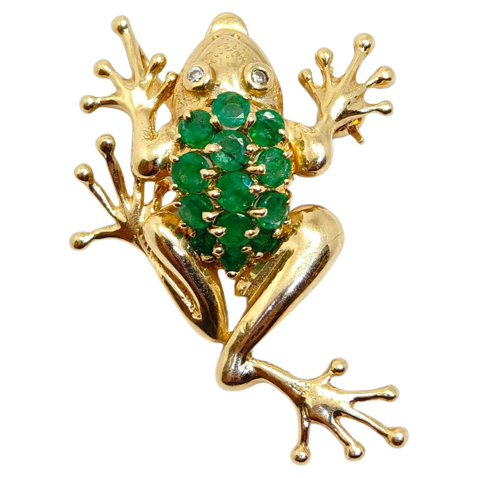 Vintage 14K Yellow Gold Emerald Frog Pendant Brooch